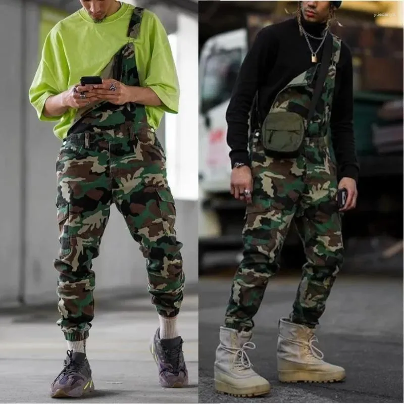 Herrbyxor mode kamouflage rem långa overaller kors knapp 2024 man casual jeans en bit jumpsuit denim last