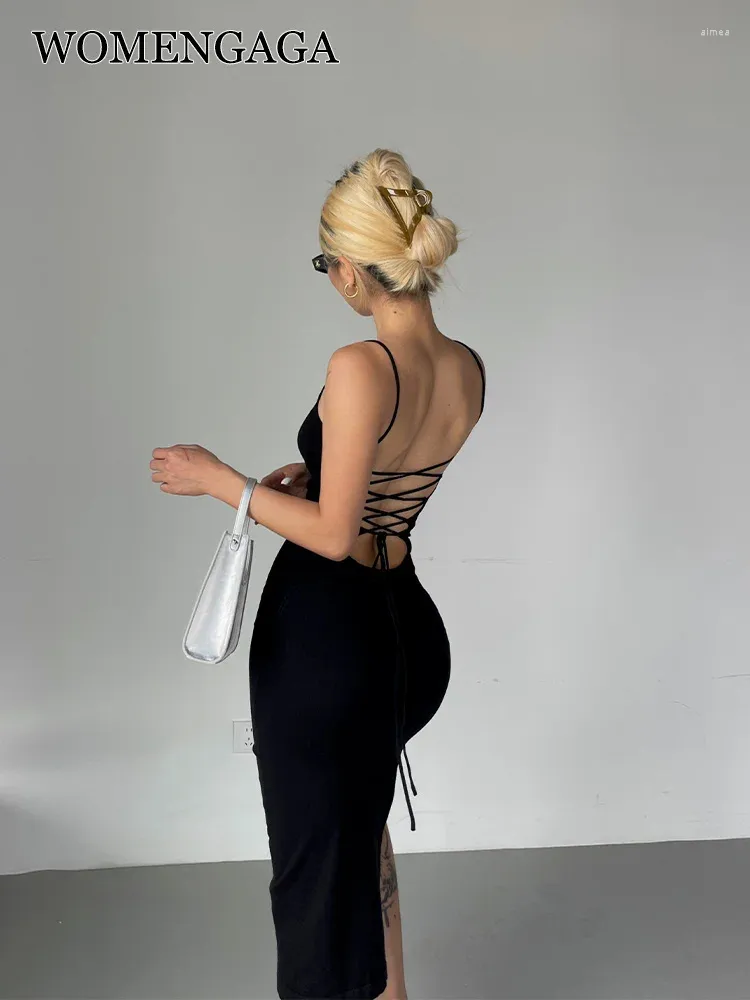 Casual Dresses Womengaga Spicy Girl Open Back Cross Soe Up Dress Hanging Straps For Women Summer Sexig Hög midja SIDA SPART KOREAN 8RZN