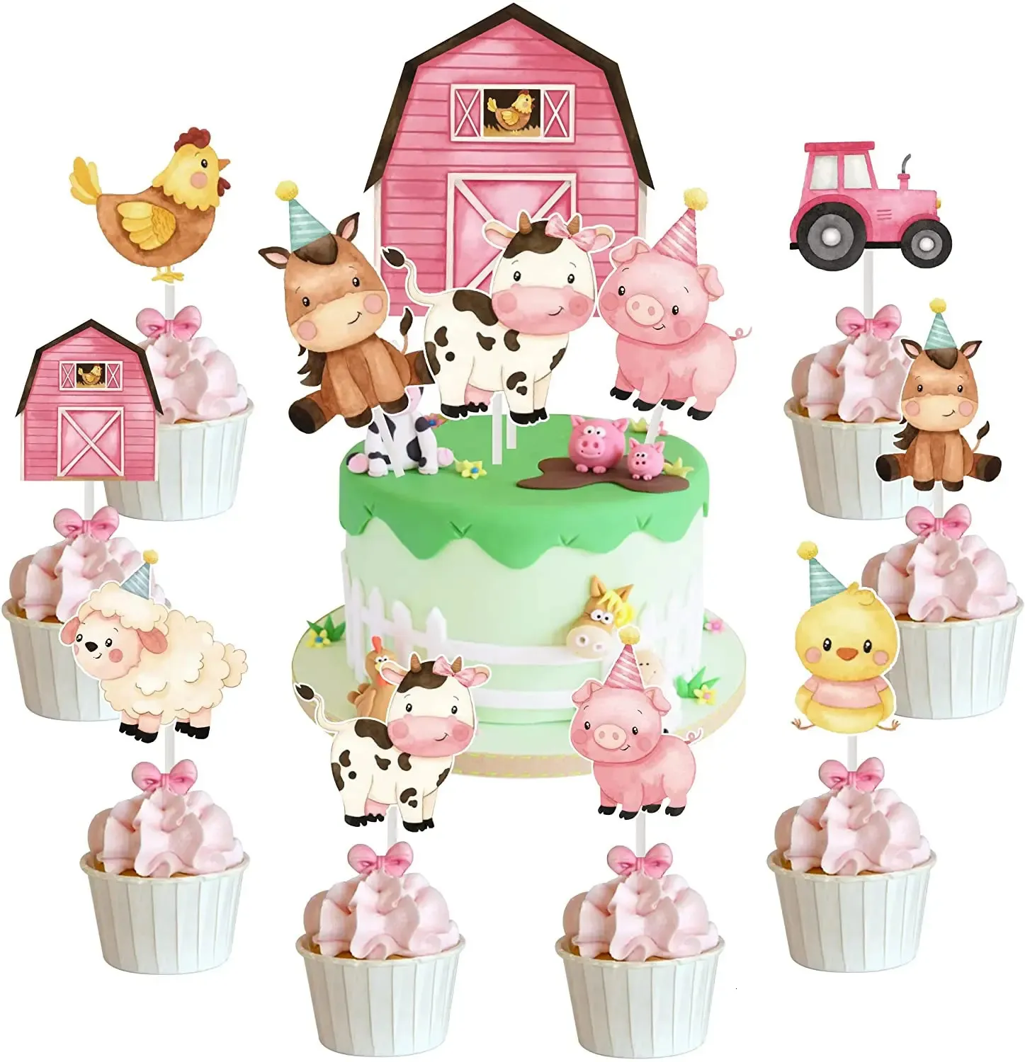 Cake Tools Pink Farm Animals Birthday Cake Decorations Farm Animals Themed Cake Cupcake Topper for Girl Baby Shower Birthday Party Supplies 231130