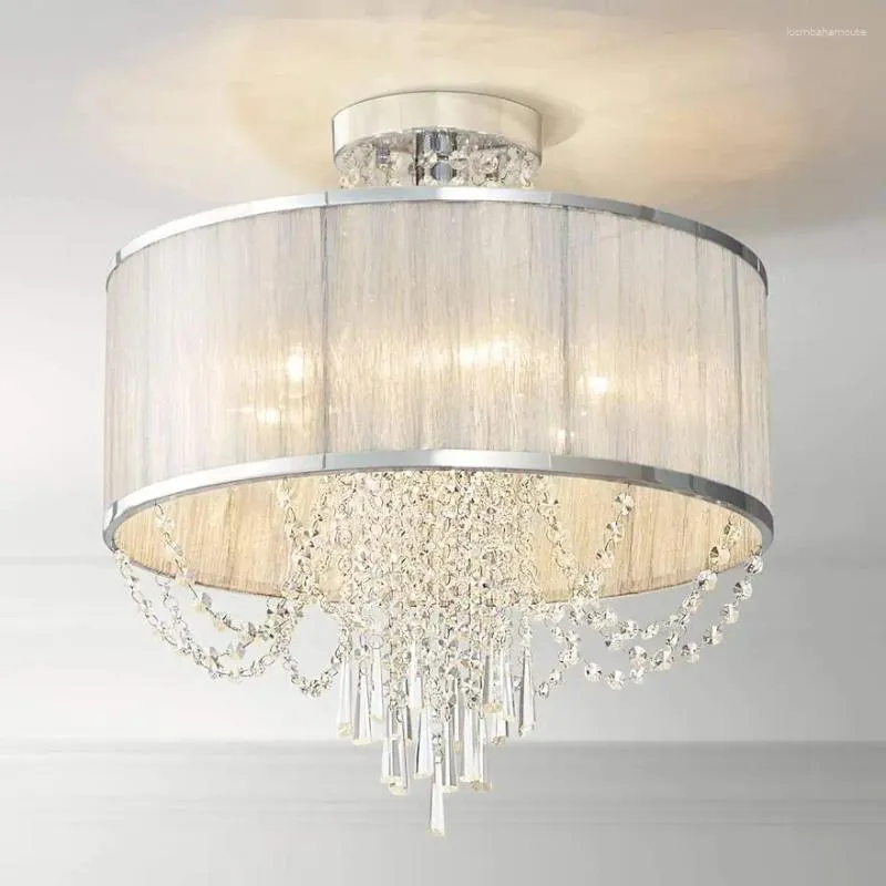 Ljuskronor Wien Full Spectrum Ellisia takljus Semi-Flush Mount Fixture Silver 19 3/4 "Bred Sheer Organza Fabric Drum Shade Crystal