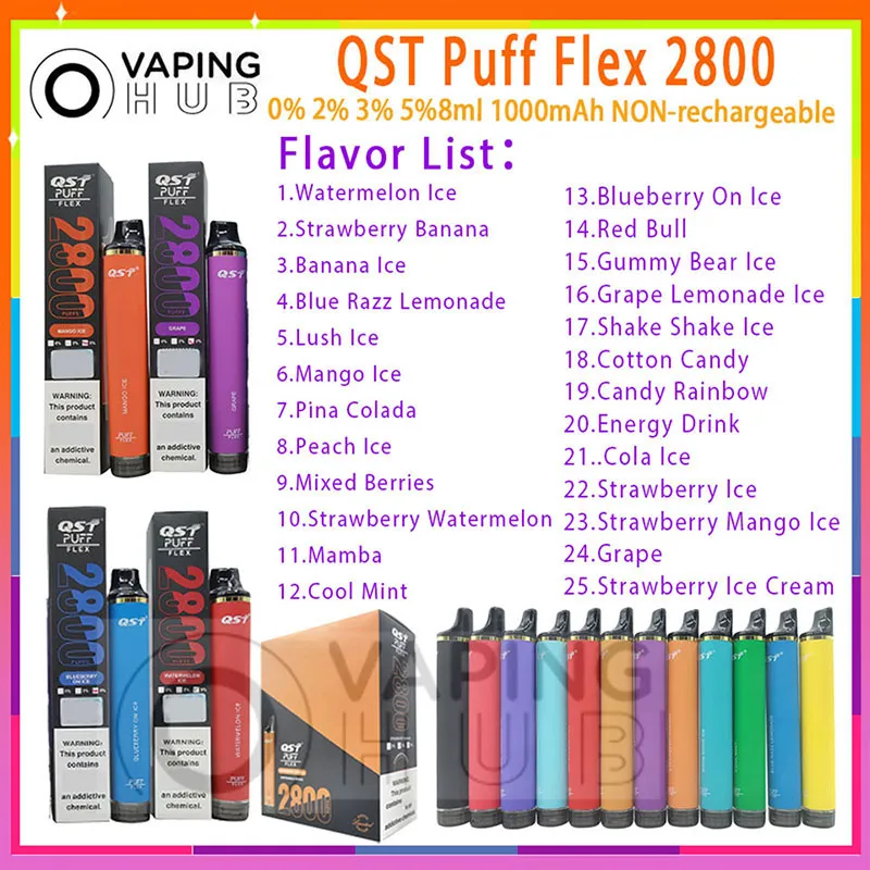 Autentico QST Puff Flex 2800 Penna Vape usa e getta Bobina a rete Ricaricabile 1000mAh Batteria 0% 2% 3% 5% Livello 8 ml Pod preriempito 25 Sapori Puffs 2800 Sigaretta elettronica