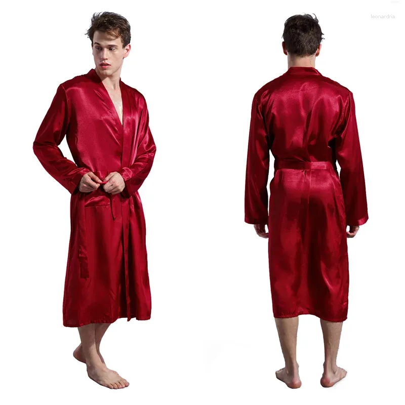 Ropa de dormir para hombres Camisones Lujoso Satén Kimono Bata Seda suave Manga larga Ropa de dormir con cuello en V Camisón con cordones Hombre Albornoz con bolsillos