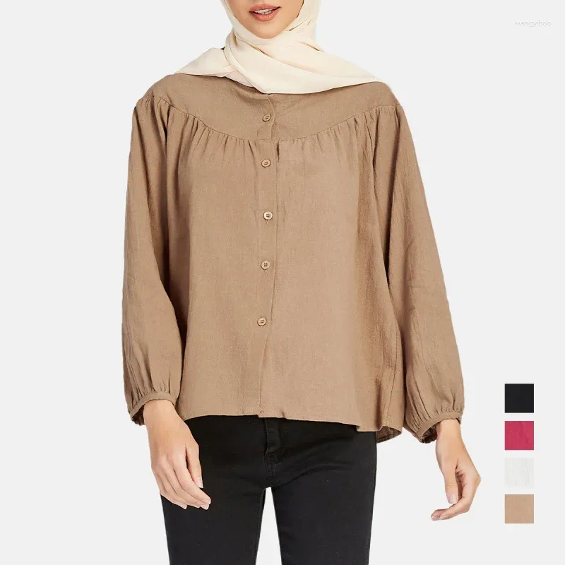 Women's Blouses Autumn Loose Casual Women Wear Solid Color Cotton Linen Crew-Neck Button-Up Long Sleeved Shirt Southeast Asian Female Thin