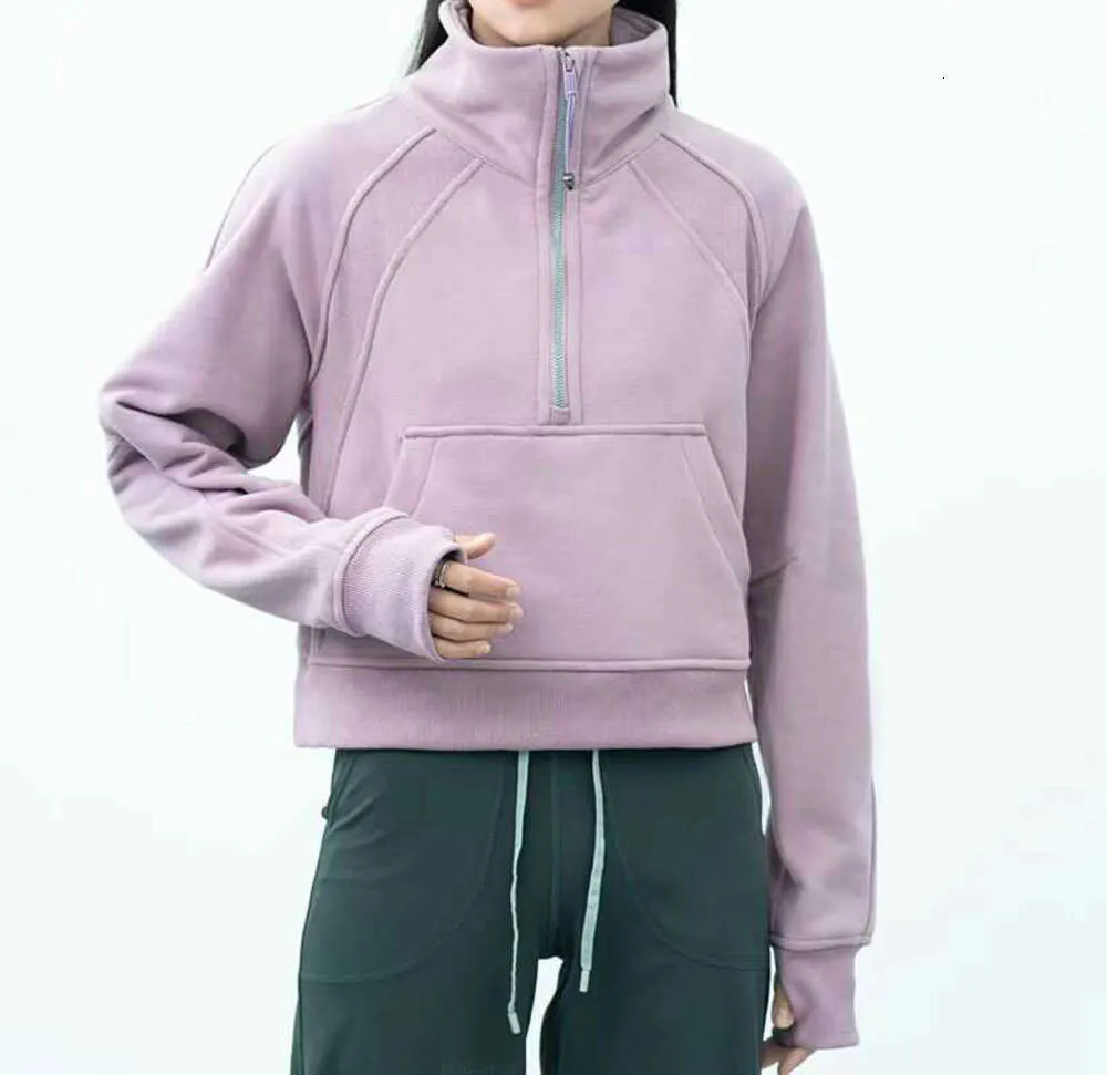 Tenues de yoga LU-99 Femmes Fitness Sweats à capuche Runing Veste Dames Sport Demi-Zip Sweat-shirt épais Lâche Manteau de style court avec trou de pouce en polaire Sportwear11451