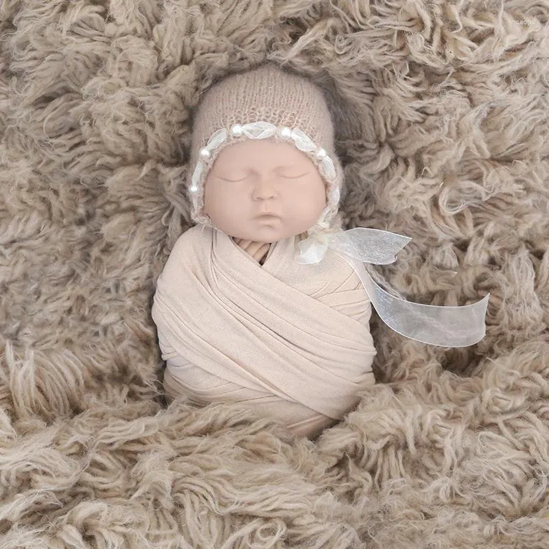 Couvertures Jersey Stretch Wrap Born Knit Pearl Hat Set Baby Swaddle Wool Couverture Pographie Props