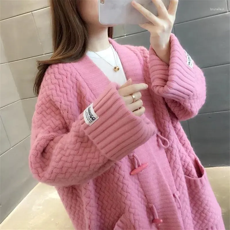 Women's Knits Fashion Patchwork V-Neck Lantern Sleeve Knitting Sweater Women Tops Autumn 5 Color Big Pocket Mid Length Knitted Cardigan