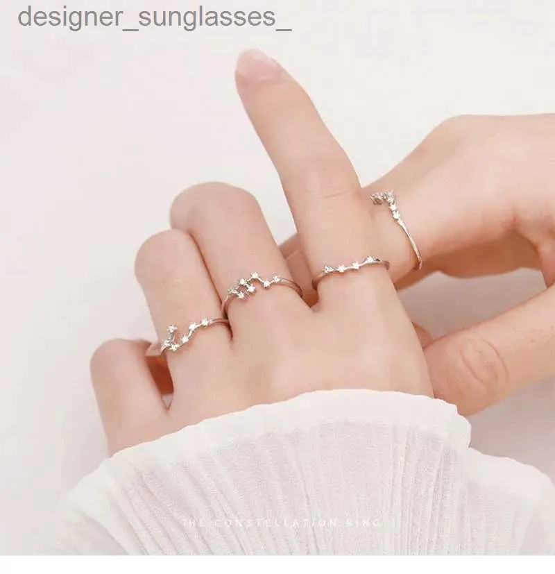 Bandringar Korean Fashion Silver Color Zodiac Sign Rings for Women Shiny Crystal Zircon Opening Ring 12 Constellation Jewelry Birtay Giftl231222