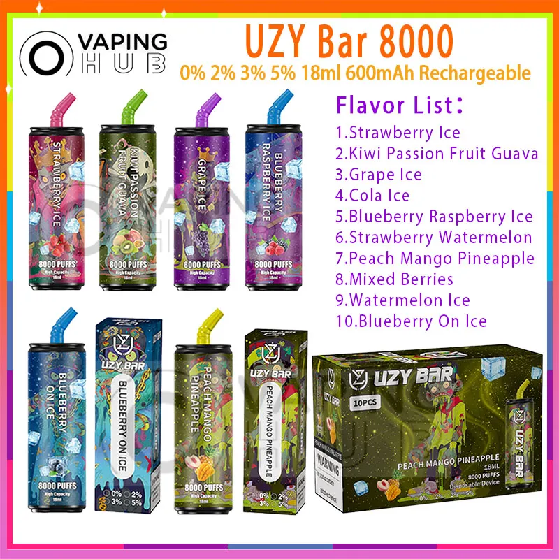 UZY Bar 8000 Puff Disposable Vape Pen Mesh Coil Rechargeable 600mAh Battery Vapers 0%2%3%5% 18ml Prefilled Pod 10Flavors Puffs 8k Electronic Cigarette