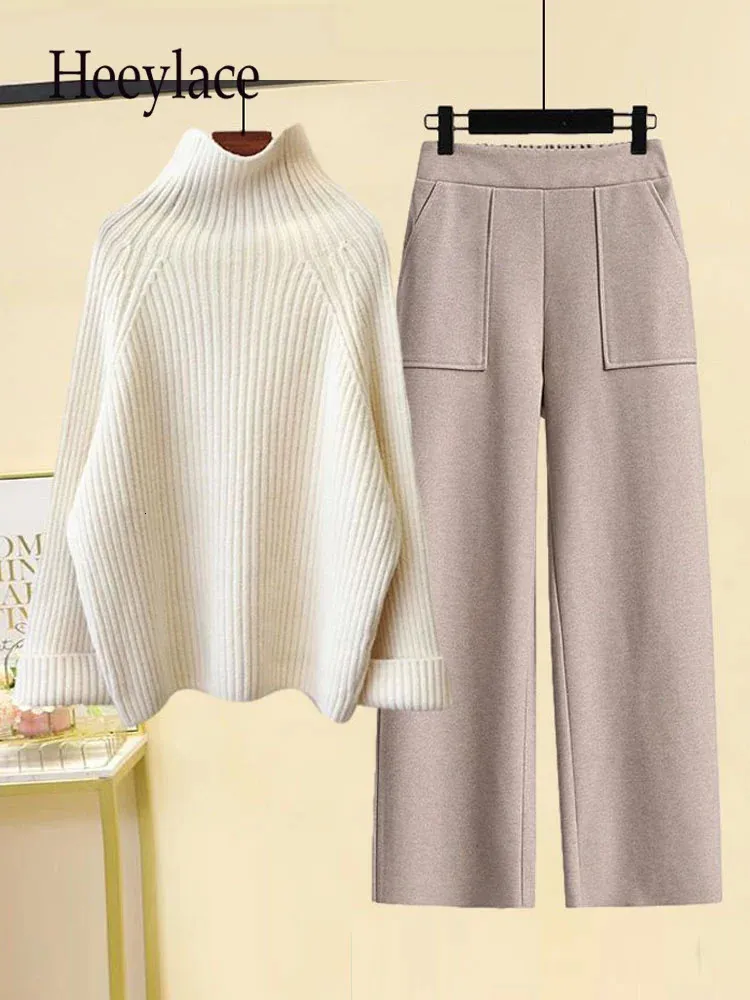 Womens Two Piece Pants Autumn and Winter Warm Set Elegant Turtle Neck Sticked Loose Sweater Woolen 4XL 231201