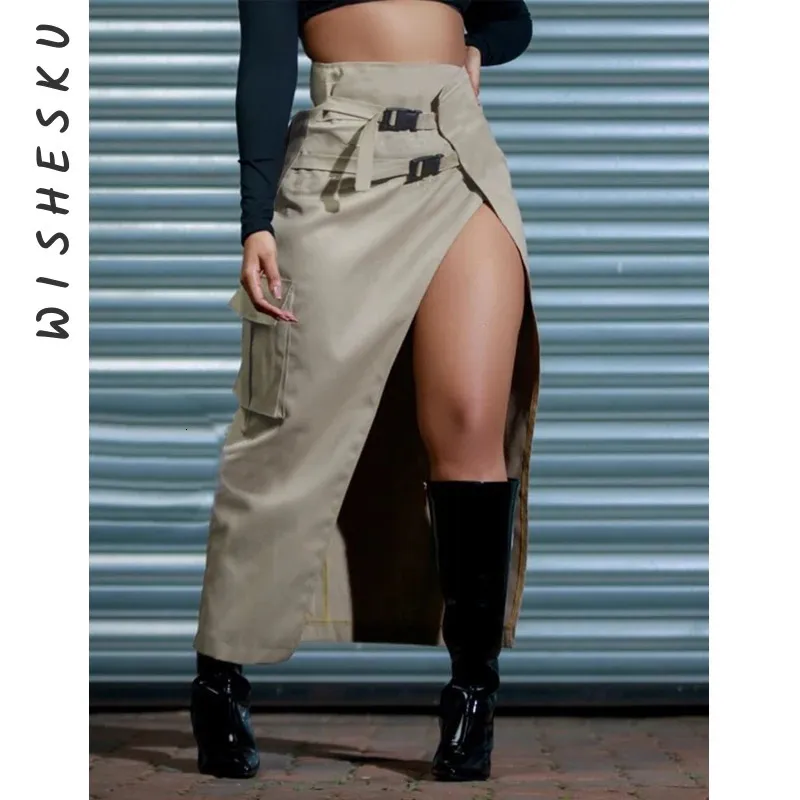 Skirts Streetwear High Slit Midi for Women Casual Belts Pockets Cargo Long Skirt Daily Bottoms Trend Y2K Clothing 2023 Fall 231201