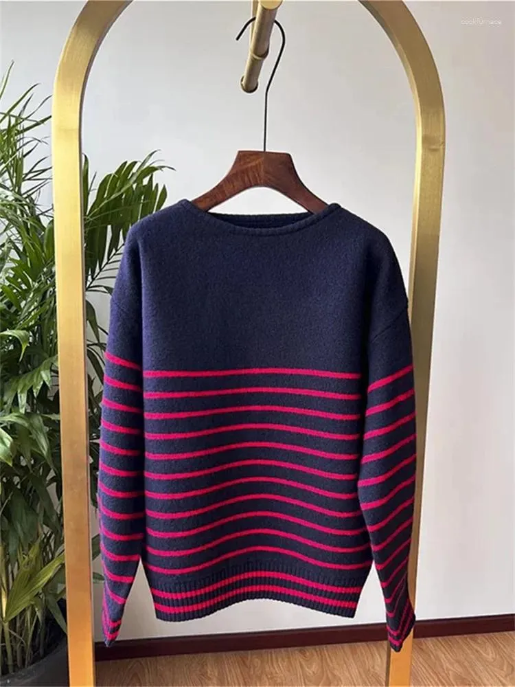 Maglioni da donna Donna Vintage Maglione con scollo a righe in colore a contrasto Autunno 2023 Donna Lana Cashmere Manica volante Pullover allentato Top