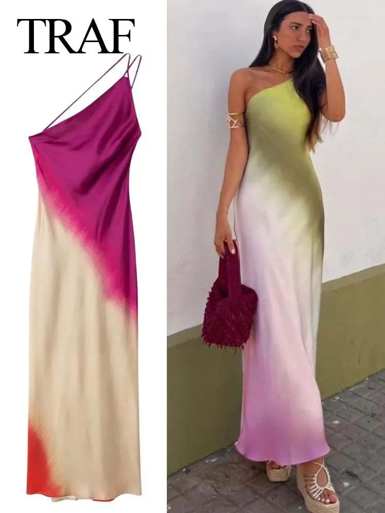 Casual Dresses 2023 Women's Tie Dye Long Dress Women Asymmertic Satin Backless Female Off Shoulder Sexy Evening Party