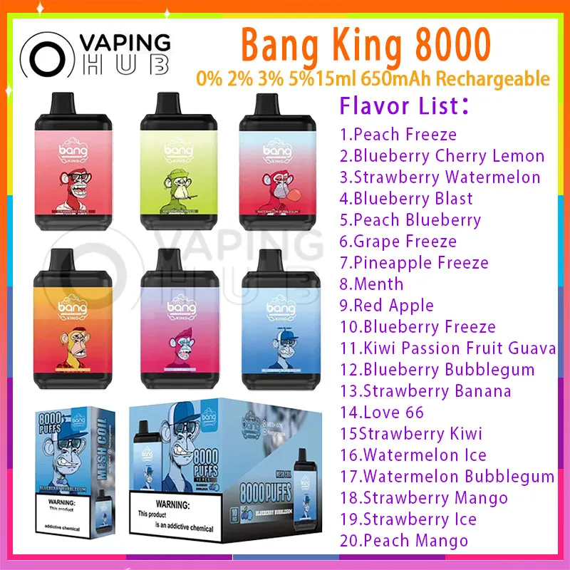 Originele Bang King 8000 PLUFT Wegwerp E Sigaret 15 ml Voorgevulde Pod 650 mAh Batterij Mesh Mesh Coil 0%2%3%5%Niveau 20 SMAVOREN PUFFS 8K VAPE PEN
