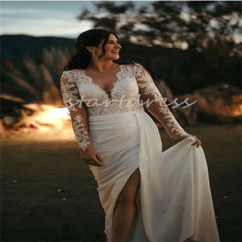 Beautiful Boho Lace Wedding Dress With Slit Long Sleeve Sheath Chiffon Beach Bride Dress Court Train Plus Size Flowy Garden Country Bridal Dress Robe De Mariage