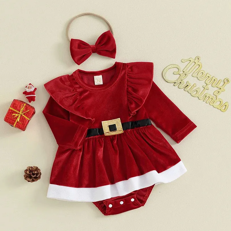 Комбинезоны, милые бархатные рюшами и длинными рукавами, одежда для маленьких девочек, зима-осень, рождественские костюмы, комбинезон, платье, комплект с повязкой на голову, одежда для малышей 231130