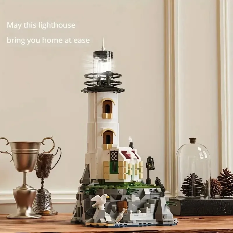 ألعاب عيد الميلاد لوازم 1092pcs المنارة الكهربائية لبنات البناء في Fisherman's Hut Flowing Lighthouse Assembly Bricks Ofktop Homents Christmas Higds 231129