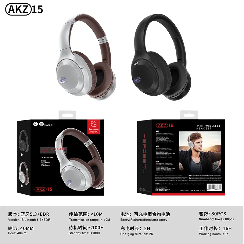 AKZ-13B AKZ-15 Bluetooth Earphones Headset LED Power Display Hifi Sound Waterproof Sport Hörlurar för utomhussport