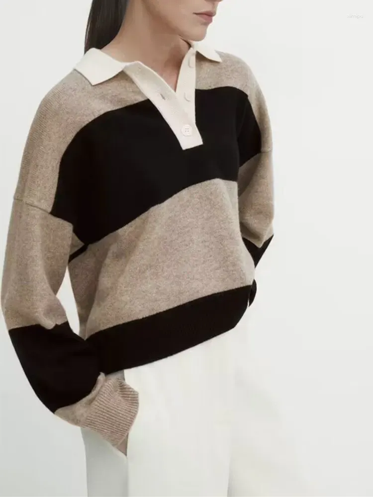 Kadın Sweaters Kadınlar Stripes Patchwork Örgü Kazak Dönüşü 2023 Erken Sonbahar Uzun Kollu Kadın Günlük Jumper Düğmeleri