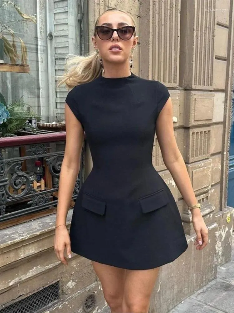 Casual Dresses Elegant High midje Bodycon Mini Dress Women Fashion Round Neck Short Sleeve Zipper Chic Y2K Street Vestido