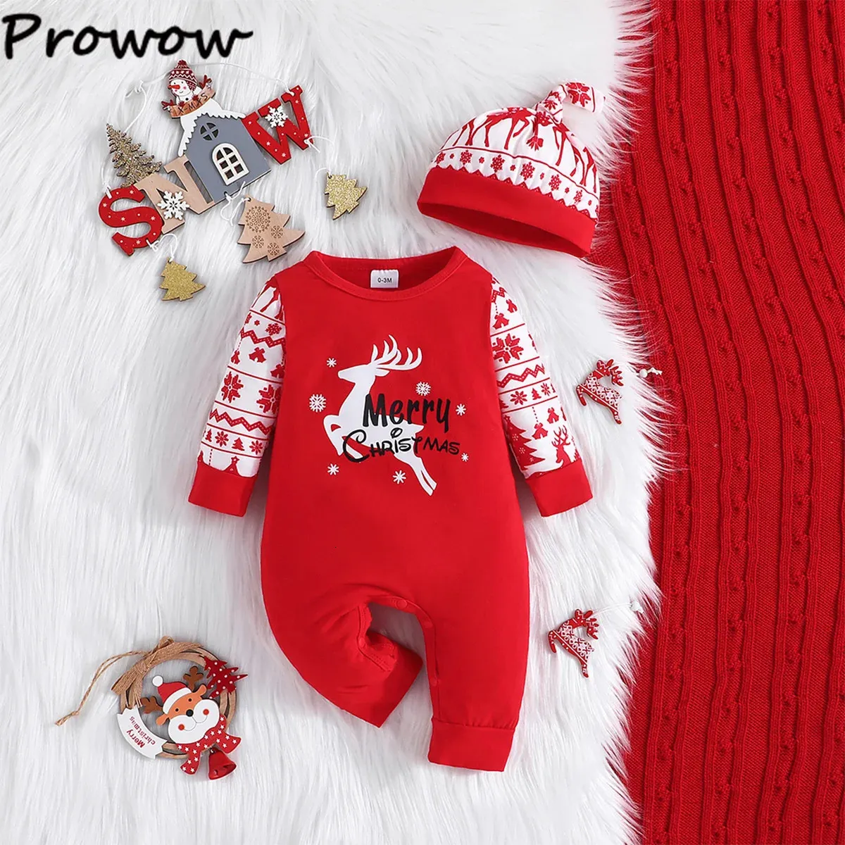 Strampler Prowow Baby-Weihnachtskostüm, Allover-Weihnachtsstrampler mit Hirschmotiv und Weihnachtsmütze, Babykleidung für mein erstes Jahr, 231130