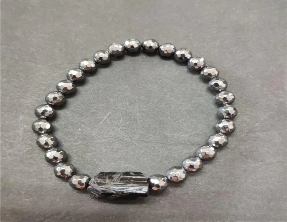 Pierre minérale naturelle, Tourmaline noire brute, pierre de guérison, perle d'hématite à facettes, Bracelet énergétique pour hommes et femmes, 9066335