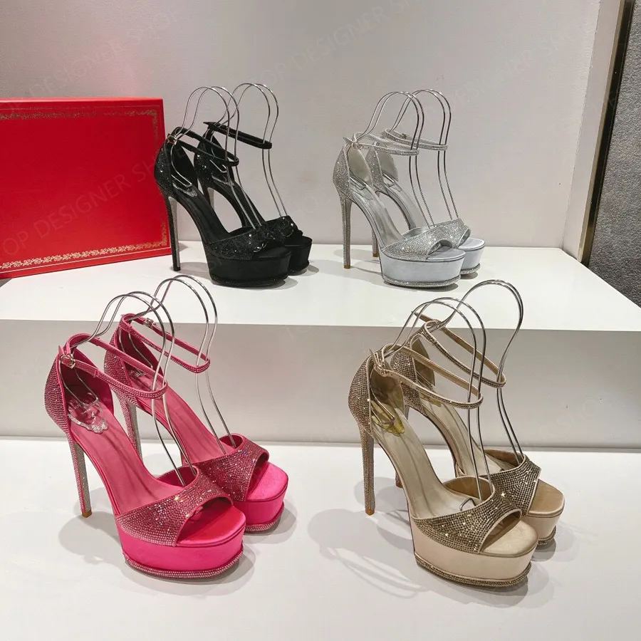 Rene Caovilla Margot Crystal Platform Sandals Ankle Strap Stileetto Heels Women's High Heeld Luxury Designersスーパーヒールラインストーンパーティーイブニングシューズ13cm