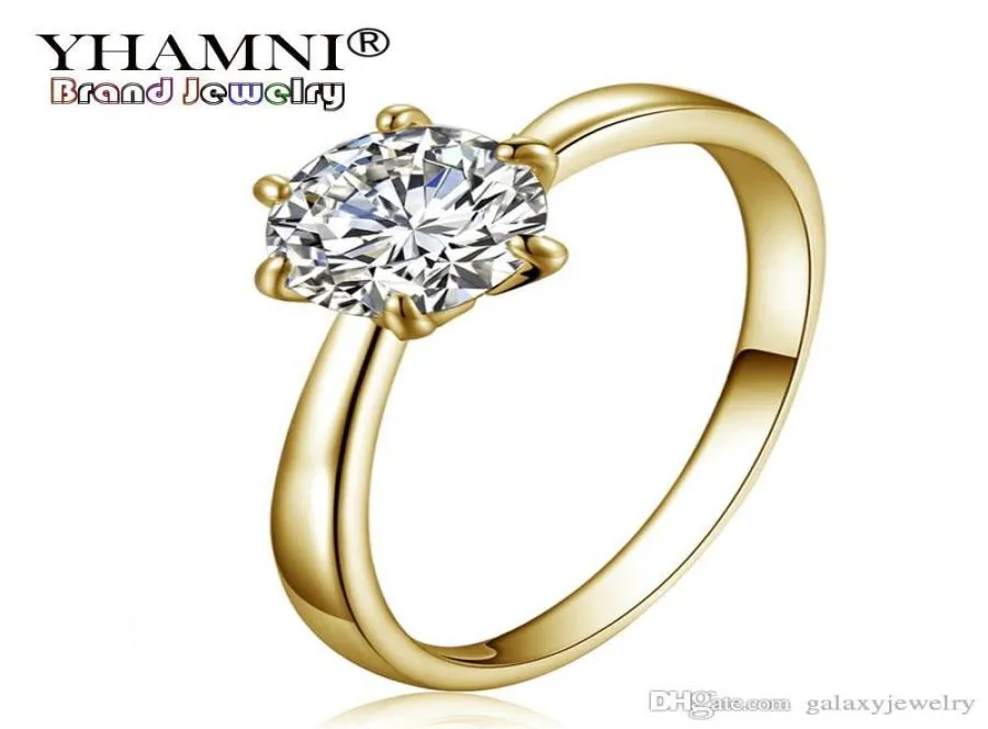 YHAMNI Original couleur or pur bague Solitaire 6mm 1 Ct CZ Zircon anneaux de mariage pour les femmes pleine taille de bague 5 6 7 8 9 10 11 YR0021668794