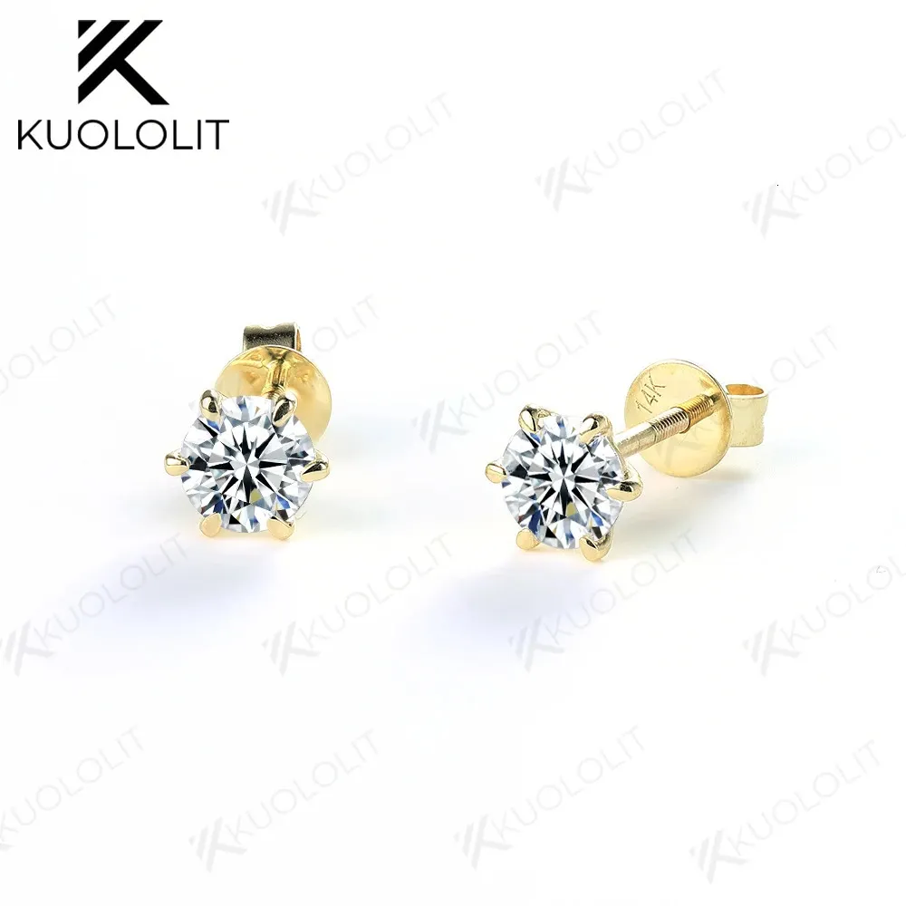 Stud 18K 14K 10K Geel Goud Ronde 4.8mm 4mm Schroef Terug Stud Oorbellen voor Vrouwen Briljante D VVS Solitaire 6Prong Oorbellen 231130