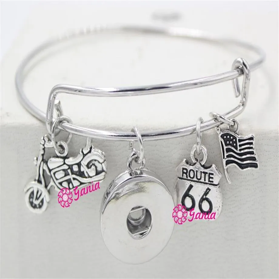 Whole New Arrival Interchangeable Jewelry USA Flag Motocycle Route 66 Charms Adjustable Snap Bangles Bracelets for Women Jewel2892