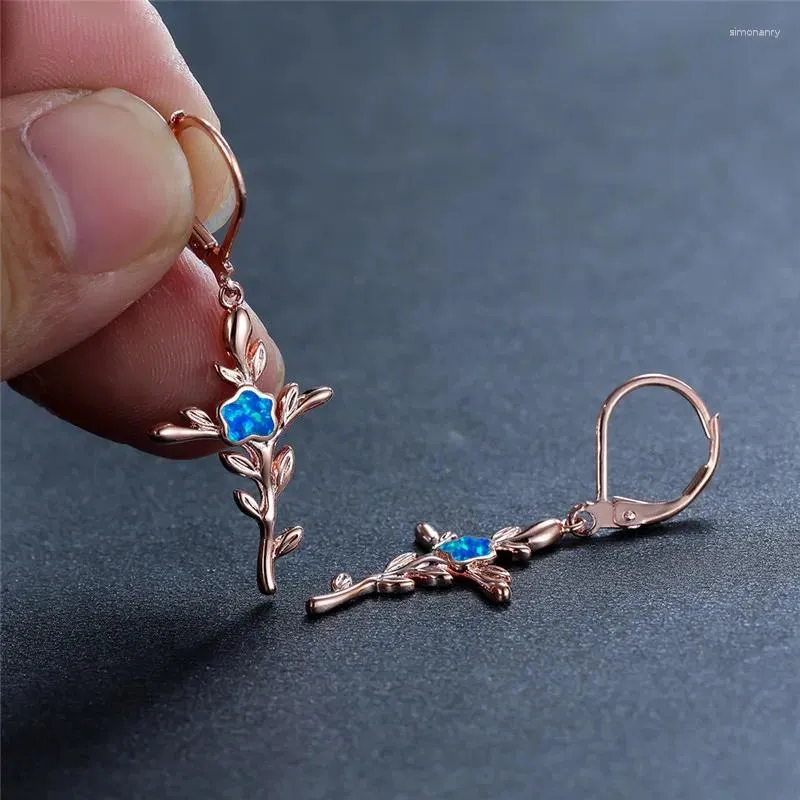 Baumelnde Ohrringe Roségold Silber Farbe Tropfen Klassisch Kreuzzweige Blatt Weiß Blau Opal Stein Ohrring Für Frauen Schmuck