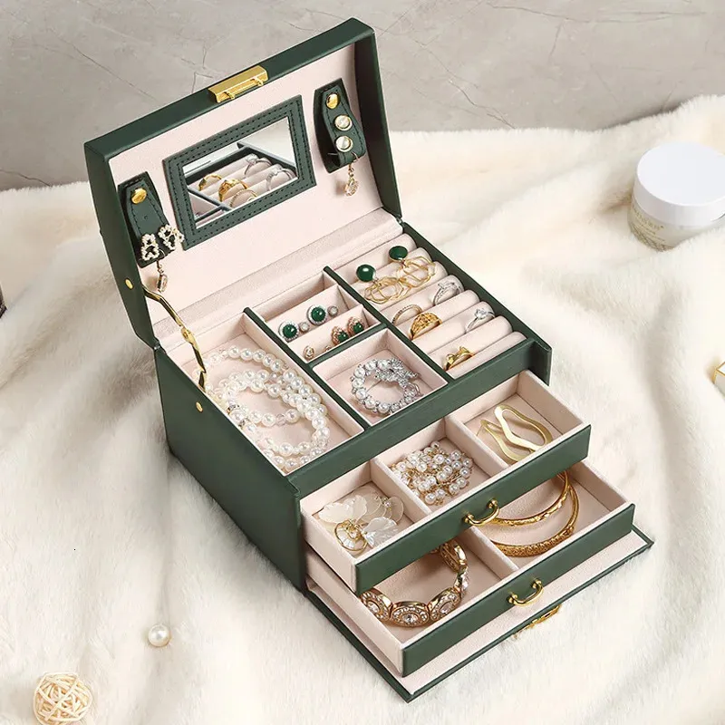 Smyckeslådor förvaringslåda med spegel tre lager magasin dispaly multifunktionell arrangör ring halsband bärbar resväska 231201