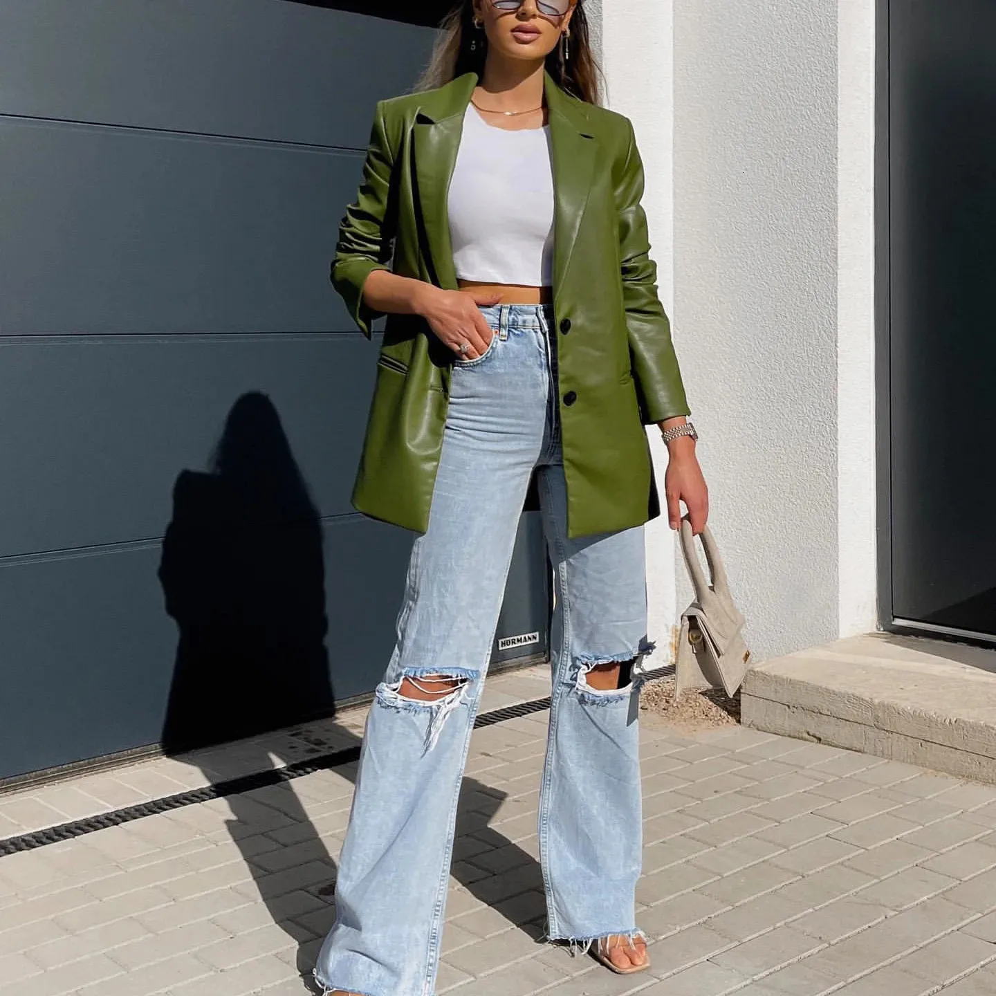 Kvinnor S Two Piece Pants Woman Vintage Olive Green Leather Blazer Matching Suit Spring Female High Maisted Pu Set Girls Streetwear 2 PCS Set 231201
