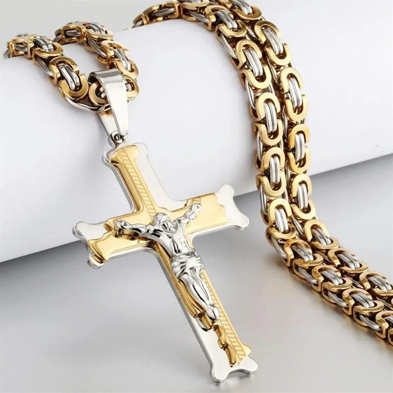 Colares Pingente Cor de Ouro Padrão de Osso de Peixe Cruz Colar Homens Crucifixo de Aço Inoxidável Jesus Link Chain Jóias Católica GiftP259m