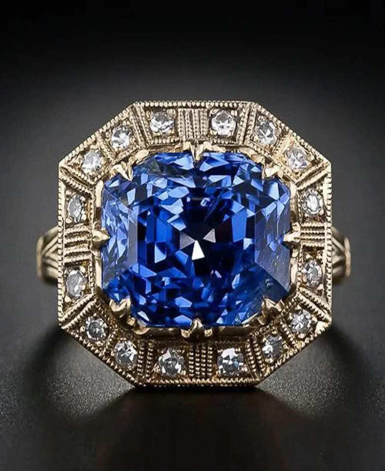 Anéis grandes de pedra de zircônia azul para mulheres, alta qualidade, cor dourada, noivado, casamento, tamanho 610, meninas, festa, joias, presentes, bague9300970