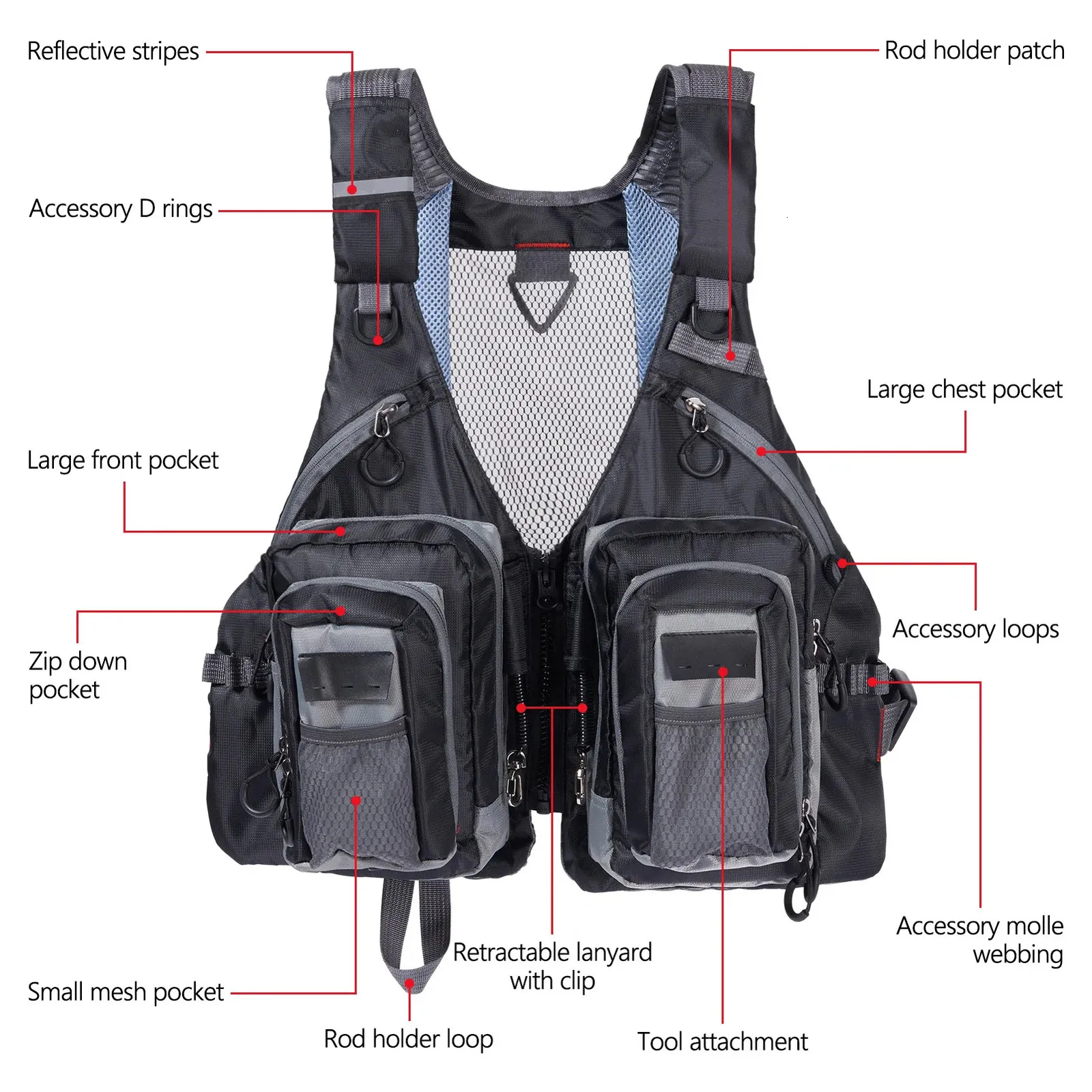 Life Vest Buoy BASSDASH Fly Fishing Vest With Pockets Adjustable