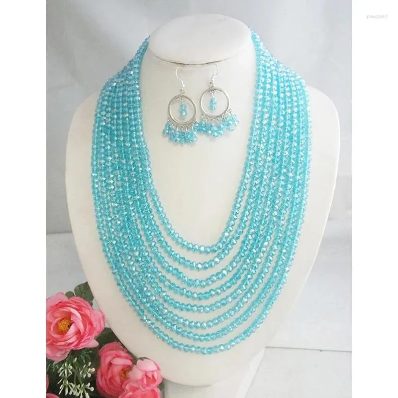 Necklace Earrings Set Classic ! African Blue Crystal Beads Jewelry For Nigerian Wedding 2023- Est Design