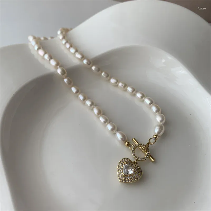 Naszyjniki wiszące Allme francuskie naturalne słodkowodne perłowe z koraliki błyszczące CZ cyrkon serc choker naszyjnik dla kobiet Pendientes