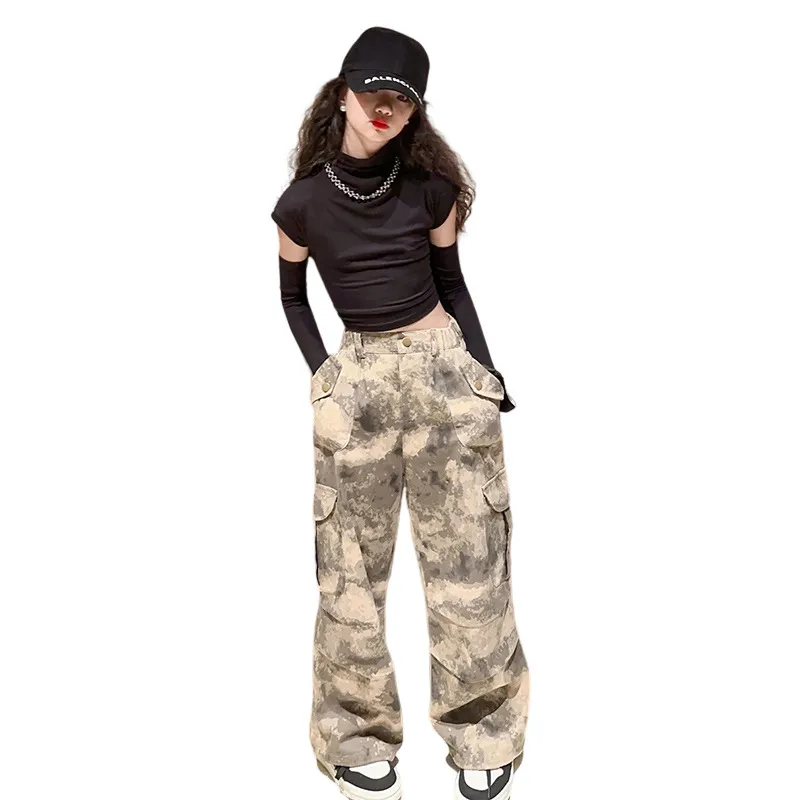 Mode Tieners Camouflage Casual broek Big Girls Hoge taille losse vrachtbroek Autumn Old Kids Pocket Trouser S0919