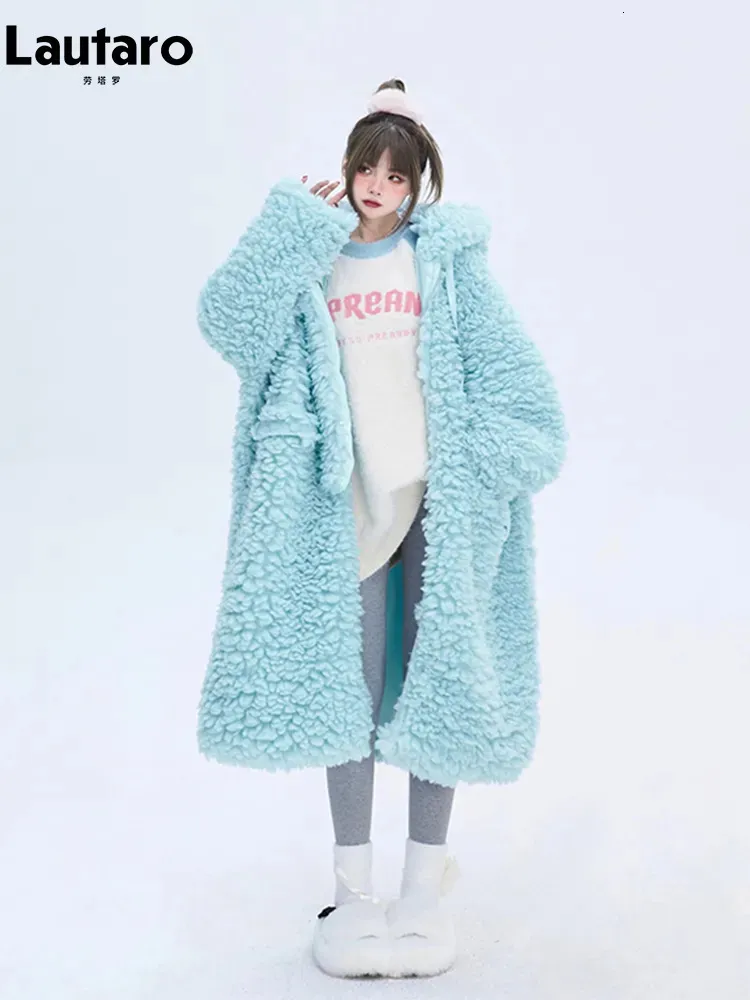 Pele feminina pele sintética Lautaro inverno longo oversized casual grosso quente azul grosso quente fuzzy fofo casaco de pele sintética feminino com capuz zíper moda 231130