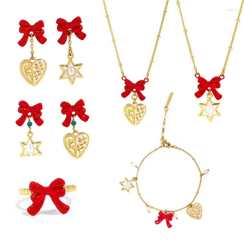 Necklace Earrings Set Enamel Glaze Heart Biscuit Bow Ring Jewelry For Woman 2023 Trend