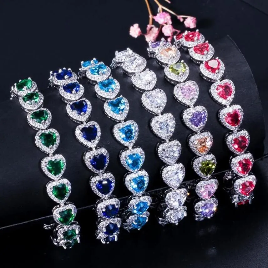 Chopucong 멋진 고급 보석 925 Sterling Silver Heart Shape Multi Sapphire Gemstones Pave CZ 다이아몬드 파티 여성 뱅글 Brac260b