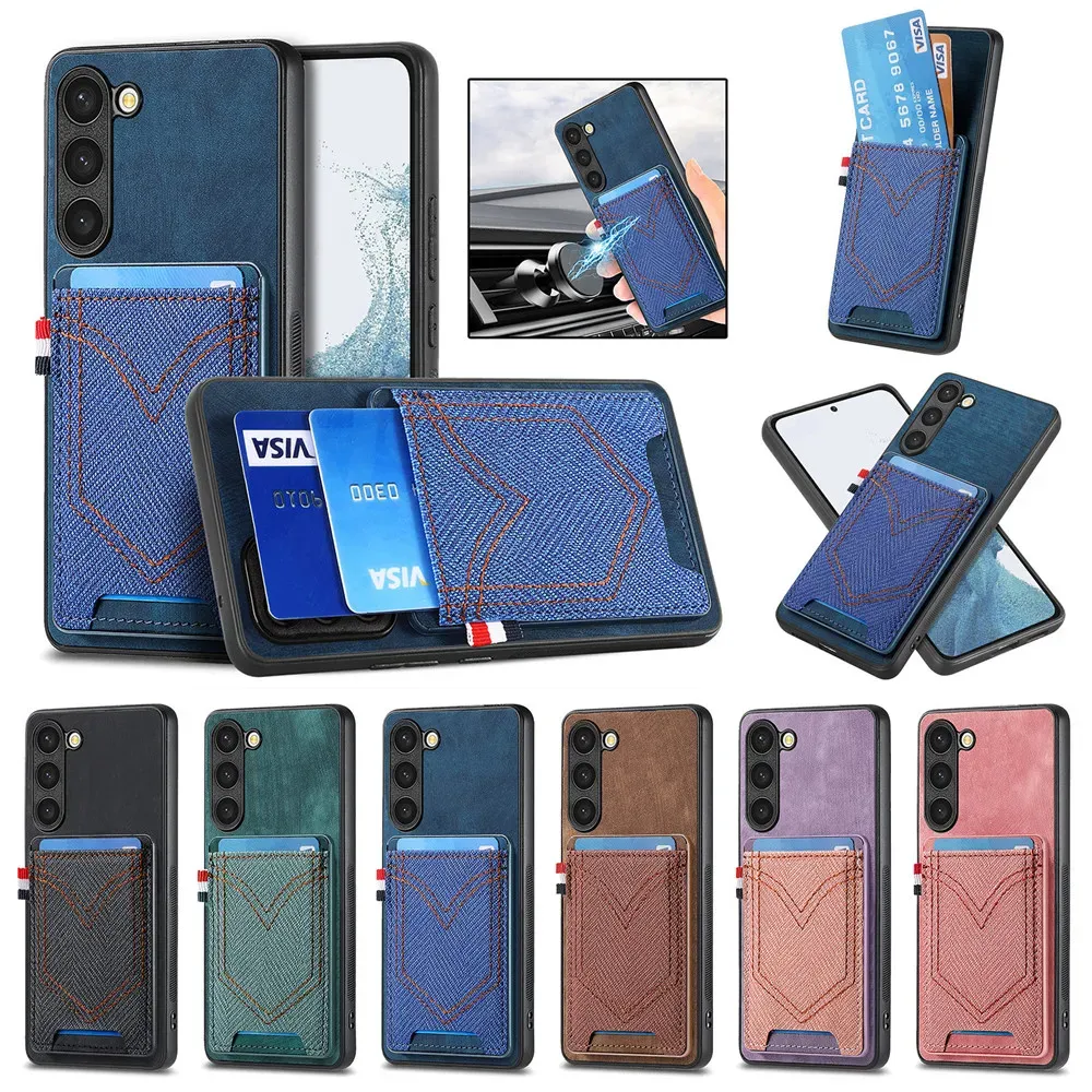 Mode Jeans Tasche Magnetische Karten Slot Telefon Fall Für Samsung Galaxy S23 S22 Ultra S21 FE S20 Plus Kamera Objektiv schutz Abdeckung