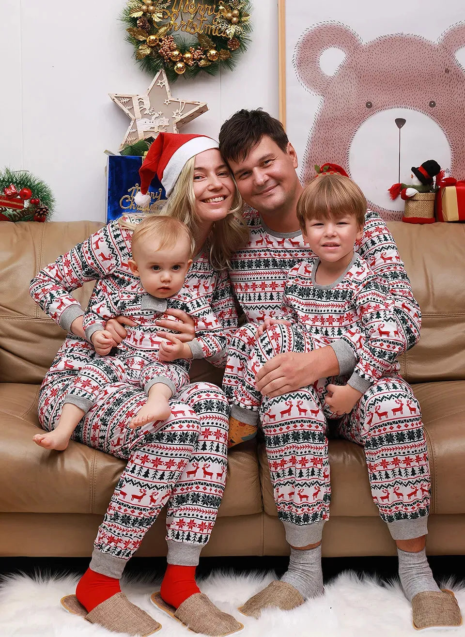 Pyjama De Noël Familial Assorti – Ensemble Manches Longues Pour Hommes, Femmes, Enfants, Imprimé Lettres/rennes - 5