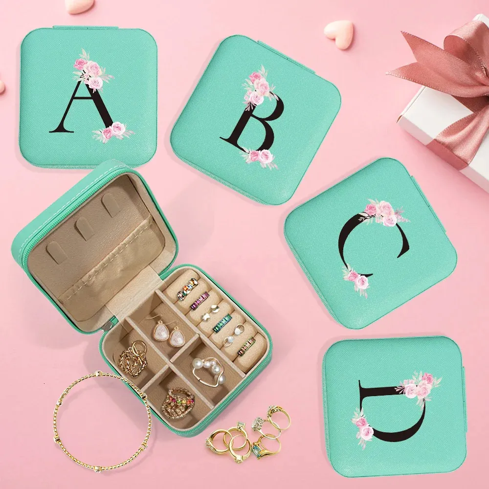 Caixas de jóias PU caixa de viagem de couro com letra maiúscula rosa presentes de dama de honra aniversário para meninas e mulheres t azul 231201