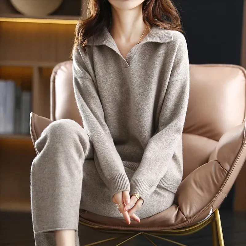 Mulheres duas peças calças inverno cashmere conjunto solto polo camisola quente casual perna larga de malha 100% algodão puro 231201