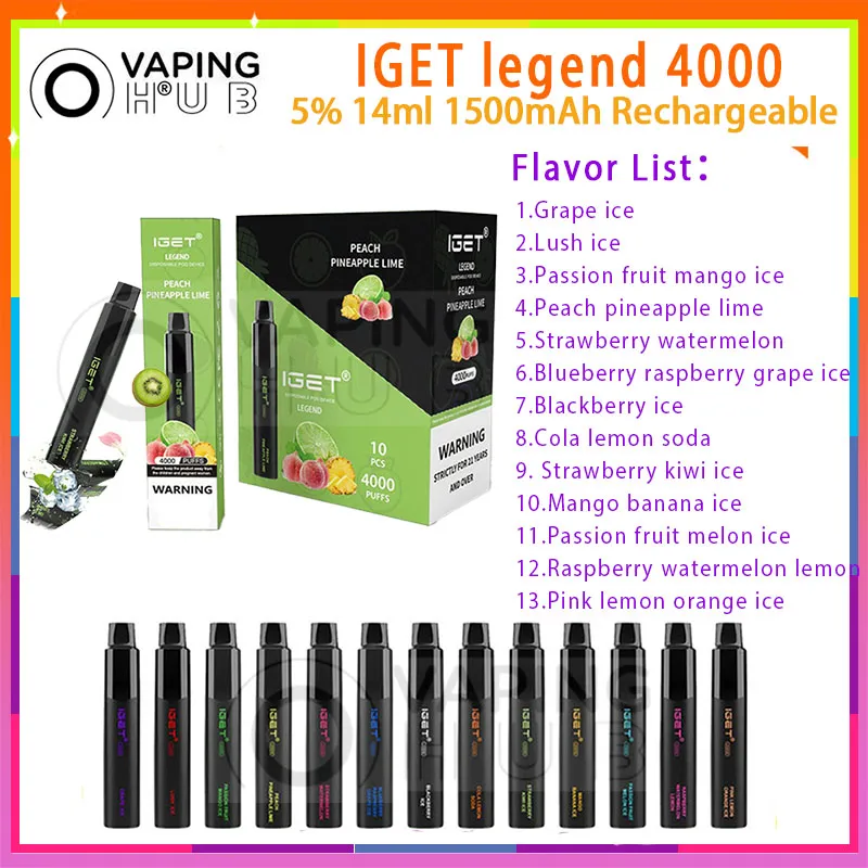 Authentische IGET Legend 4000 Puff Einweg-Vape-Stift, Netzspule, wiederaufladbar, 1500 mAh Batterie, Vaper 5 % 14 ml vorgefüllter Pod, 13 Geschmacksrichtungen Puffs, 4k elektronische Zigarette