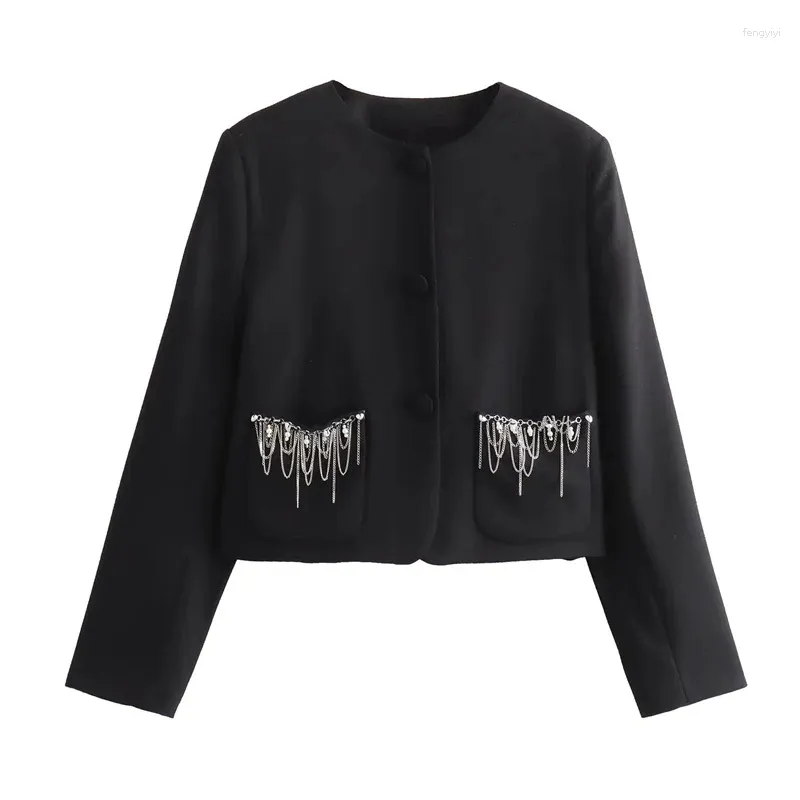 Damespakken Luxe Kwastje Bijgesneden Blazer Damesmode Herfst Lange Mouw Hanger Zwart Kort Jasje Elegante Ketting Kralen Jas Vrouw