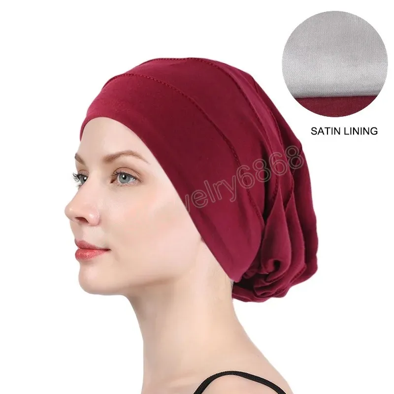 Nova mulher forro de cetim macio chapéu da índia estiramento boné de dormir muçulmano plissado câncer quimio chapéu gorro cachecol turbante cabeça envoltório boné árabe