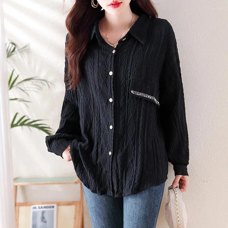 Damesblouses Dameskleding Vintage Solid Casual Diamonds Shirt Lente Herfst Lange mouw Kant Los Chique Knoopblouse Tuincs