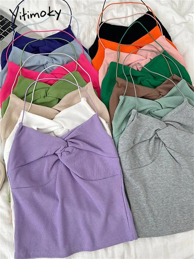 Serbatoi delle donne Yitimoky Criss Cross Sexy Camis Carro Armato Per Le Donne di Estate 2023 di Modo Coreano Solido Elegante Crop Top Delle Signore Casual Chic